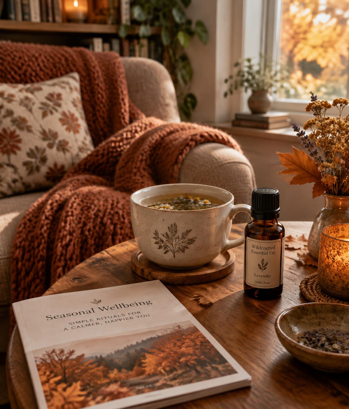 Tarde de otoño con infusión, aceite esencial y lectura